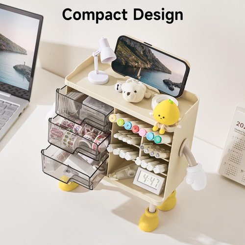 UFORU Desktop Organizer with 3M Adhesive Accessories, 3 Drawer Pencil Holder for Desk with Dividers, Perfect for Office Supplies, Stationery, and Small Items, Beige and Transparent Design