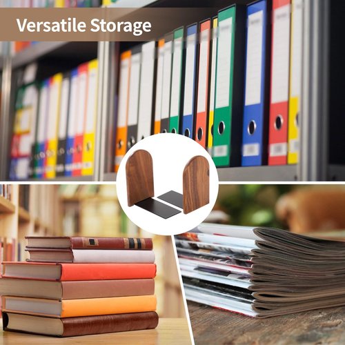 4 Pairs Wood Bookends, Heavy Duty Book Ends for Heavy Books, Non-Skid Book Organizers for Desk, Stylish Walnut Wood Design with Curved Top & Metal Support Base