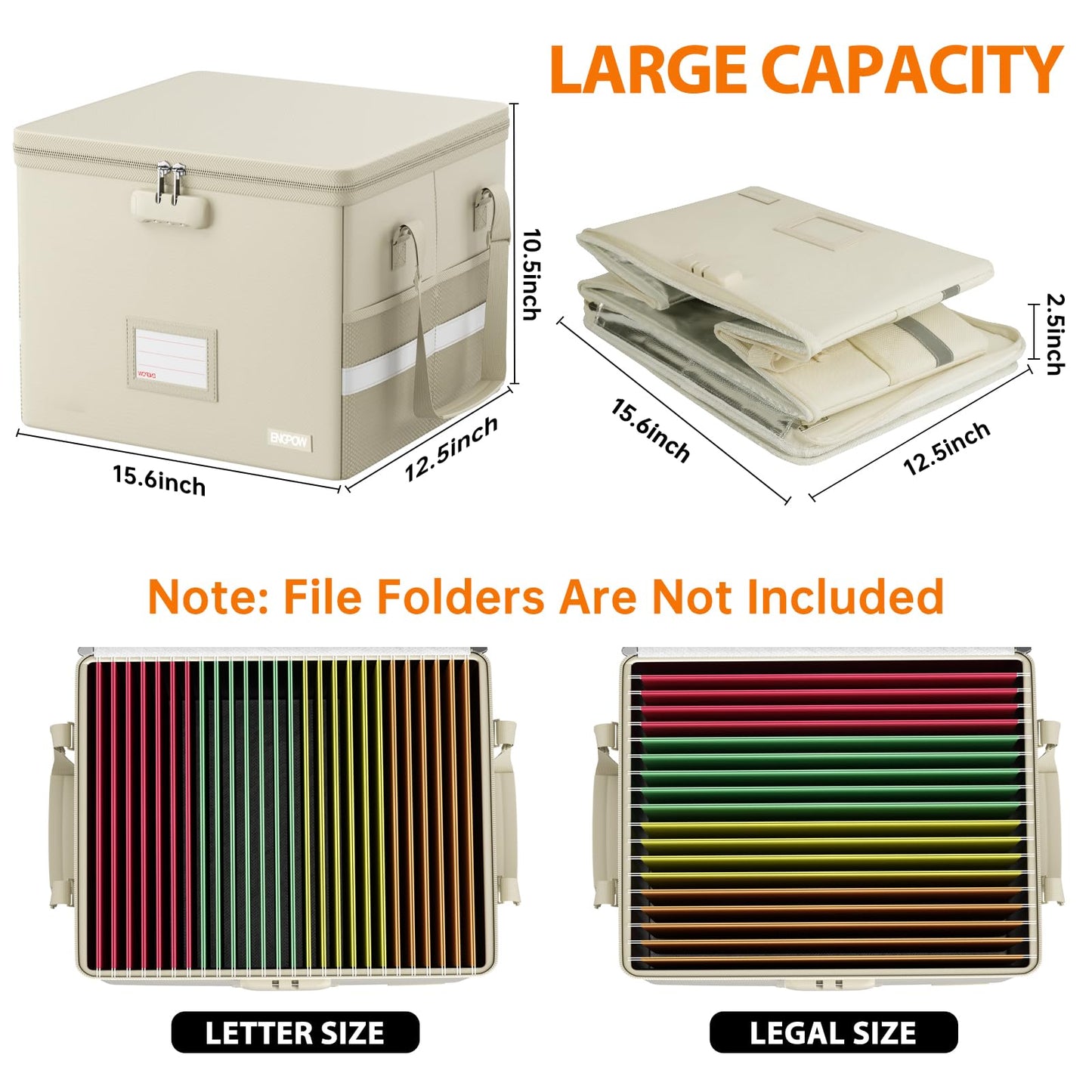 ENGPOW 5200°F File Box Fireproof Document Box with Lock,Heat Insulated Collapsible File Storage Organizer Box with Handle,Portable Home Office File Cabinet for Hanging Letter/Legal Size Folder, Beige