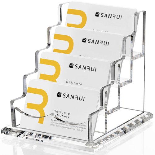 SANRUI Clear Acrylic Business Card Holder for Desk Display Stand Holders Organizer Rack , 4 Tier 4 Pocket , Holds 200 cards