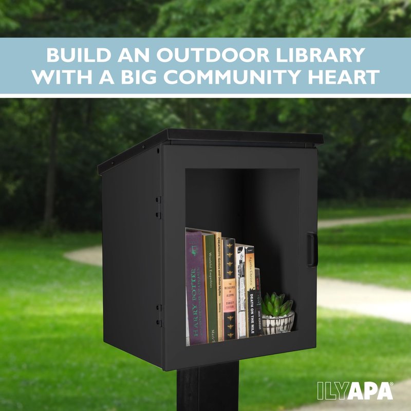 Ilyapa Outdoor Library Book Box - Free Literature Exchange Kit for Outside - Black Powder Coated Steel Cabinet for Sharing Books - with Easy 4x4 Post Mount - 13x11x17 Inch