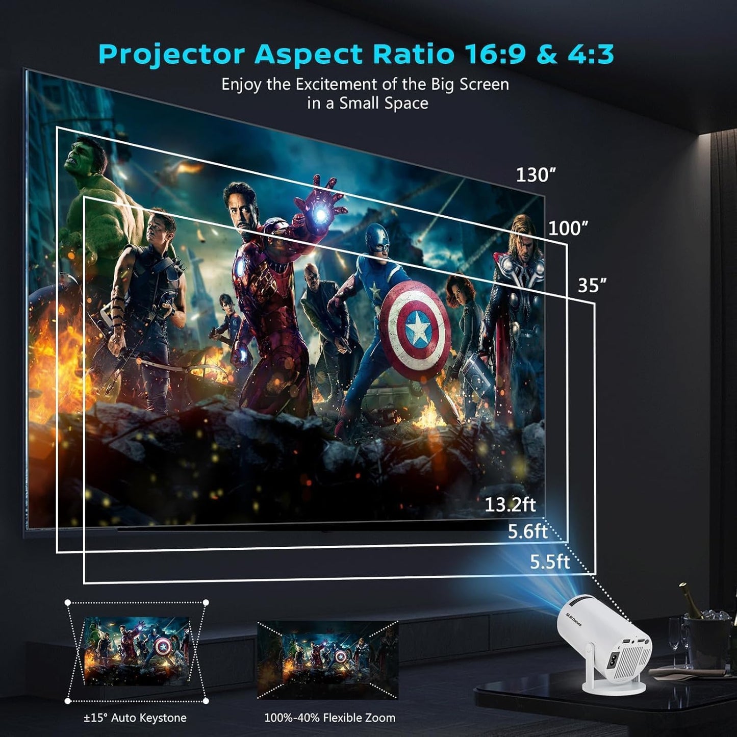 Skiennix Mini Projector - 4K Smart Portable Projector with WiFi 6 & Bluetooth 5.3 | Auto Keystone, 180° Rotatable