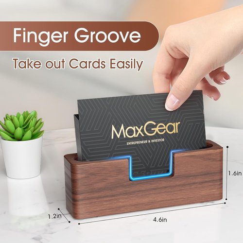 MaxGear Walnut Wood Business Card Holder - Elegant Desk Display Stand | Curved Office Organizer, 1 Pack