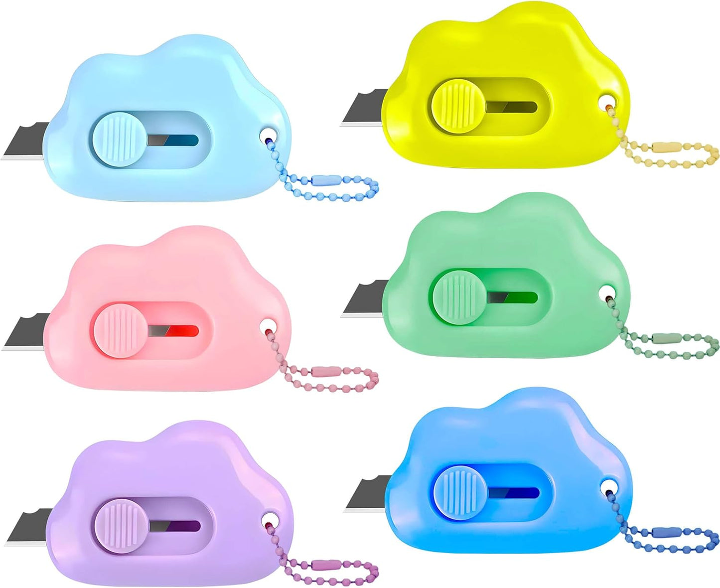 Cloud Shaped - Retractable Box Cutter Set | 6 Pack with Key Rings & Stainless Steel Blades - Safe & Portable