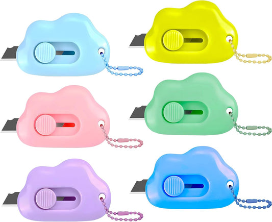Cloud Shaped - Retractable Box Cutter Set | 6 Pack with Key Rings & Stainless Steel Blades - Safe & Portable