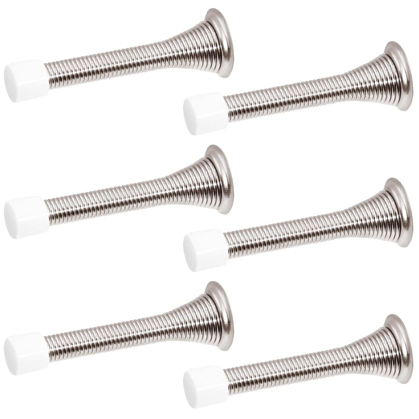 6 Pack Spring Door Stopper 3.2 Inch Flexible Heavy Duty Spring Door Stop with RustProof Screw Rubber Bumper Tips, Wall Protector for Home, Office, Kids Room – Easy Install, Satin Nickel Finish
