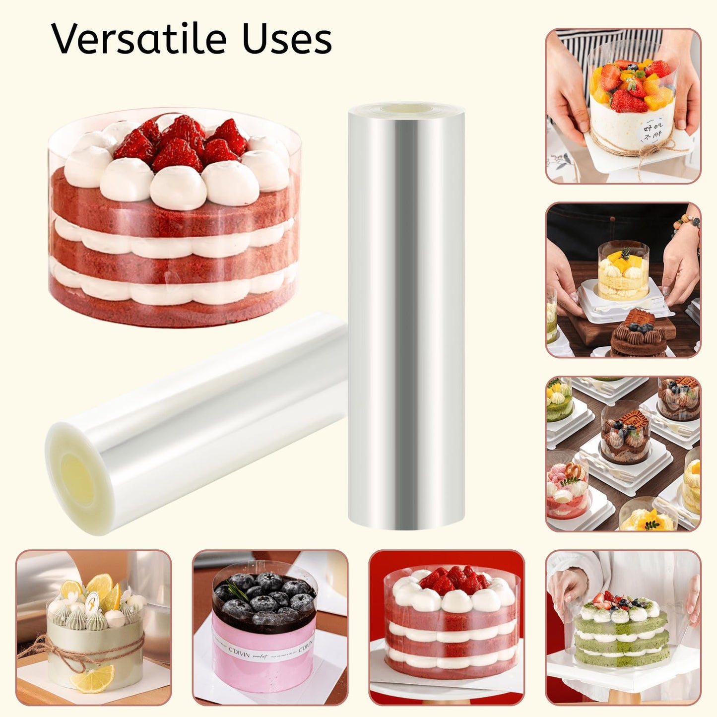 YOUEON Cake Collars Acetate Roll 4/4.7/6/8 x 394 Inch, Clear Cake Acetate Sheets & Strips for Chocolate, Mousse, Baking, Transparent Surrounding Edge Wraping Decorating, Shaker Cards