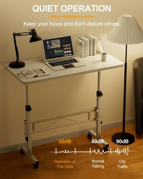 Skiennix Adjustable Height Small Standing Desk - Mobile 32 Inch Rolling Desk with Wheels | Pure White