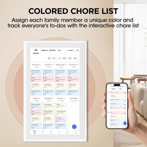 Mezed 21.5" Smart Digital Calendar, Meal Schedule, Duty Chart, HD Smart Touch Screen Home Interactive Electron Calender - Built-in Digital Photo Frame Function (white, 21.5)