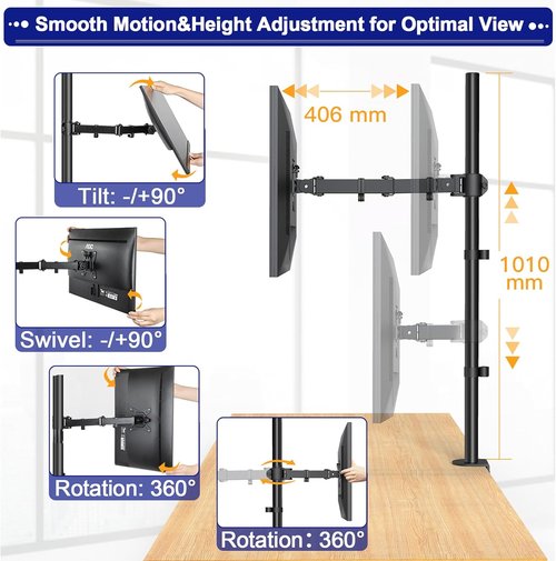 HUANUO Monitor Arm - Adjustable Desk Mount for 13-32 Inch Screens | Extra-Tall 39-Inch Pole, Holds 22 lbs