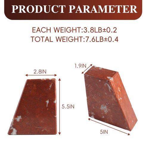 Marble Bookend for Heavy Books, Decorative Bookends for Shelves, 7.5LB Durable and Heavy-Duty Book End for Hardback Book & CDS, Unique Book Stopper & Holder, Rosso Francia, Set of 2