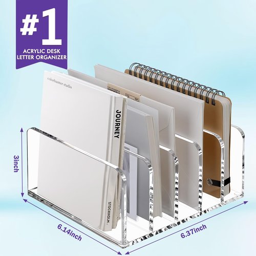 RAJOVE 2 Pack Acrylic Desk Letter Organizer, 5 Compartments Clear File Mail Organizer for Desk, Multifunction Modern Office Home Envelope Organizer for Office,Home, Classroom Bill, Document, Notebook