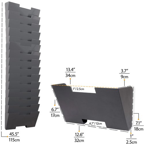 Wallniture Lisbon 15-Tier Wall Mounted File Holder and Desk Organizer, Metal Gray Office Organization and Storage Rack