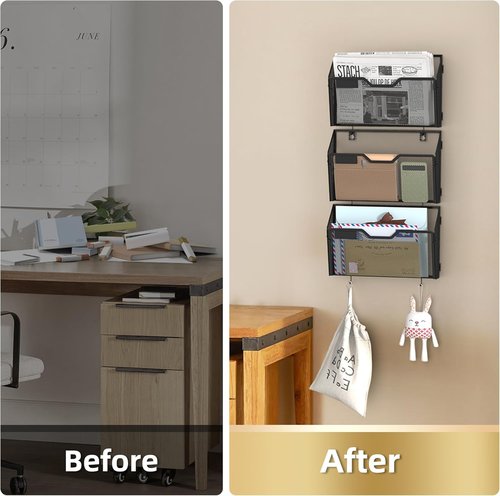 Docnest Wall File Holders - 6 Pack Mesh Document Organizers with Hooks for Office & Home - Black