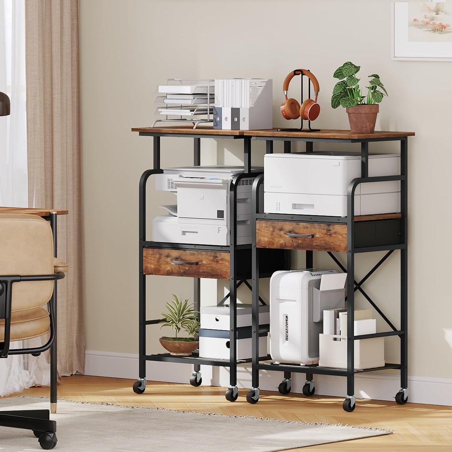 MAHANCRIS Tall Printer Stand, 3 Tier Printer Cart with Storage, Industrial Printer Table on Wheels, Adjustable Shelf & Fabric Drawer, for Home Office Study Rustic Brown PTHR5401