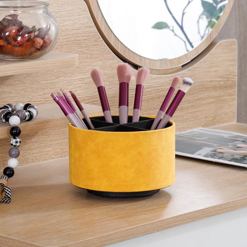 LINKWELL Remote Control Holder For Table, 360 Degree Spinning Desk Organizer For Bedside Night Stand, TV Remote Caddy with 4 Compartments, Office Rotating Pen Holder Yellow PH126