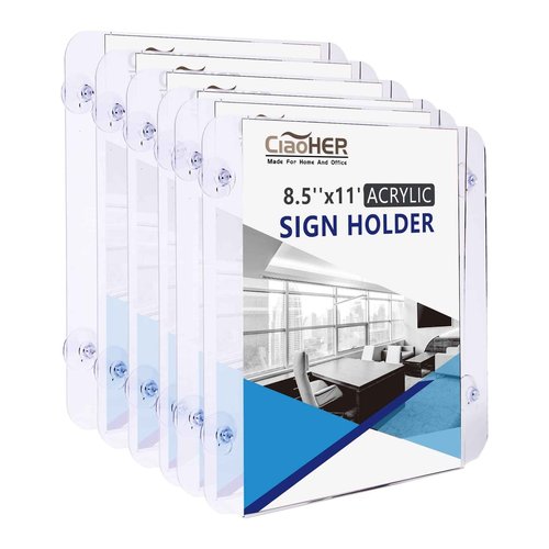 CiaoHER Acrylic Sign Holder 8.5 x 11, Clear Acrylic Frames Glass Window Wall Mount Advertising Signage Sign Holder with 4 Suction Cups for Mall, Office, Home, Restaurant, Vertical （6 Pack）