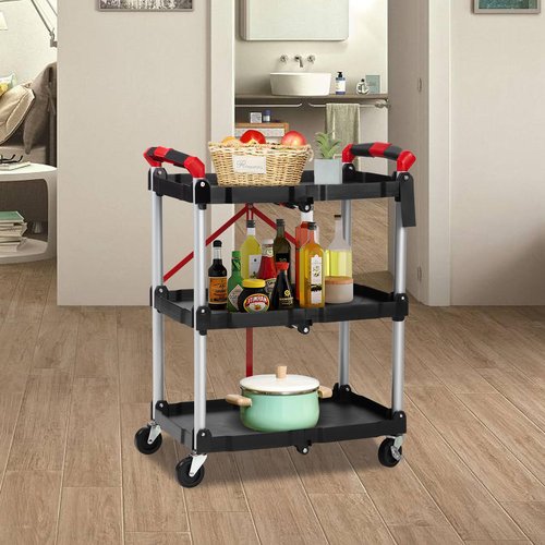 Foldable Utility Service Cart, 3 Shelf 168LBS Heavy Duty Plastic Rolling Cart with 360° Swivel Wheels (2 with Brakes), Ergonomic Handle, Portable Garage Tool Cart for Warehouse Office Home, Black