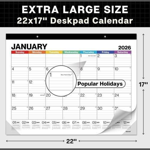 Dunwell 2026 Desk Calendar - Large Monthly Blotter & Wall Calendar | Colorful Design, Easy-to-Read Daily Blocks