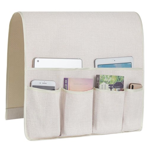 FLYILY Sofa Armrest Organizer Non-Slip Arm Chair Hanging Caddy Remote Control Holder for Magazine,Tablet, Phone, Books, Glasses(Cream,19in)