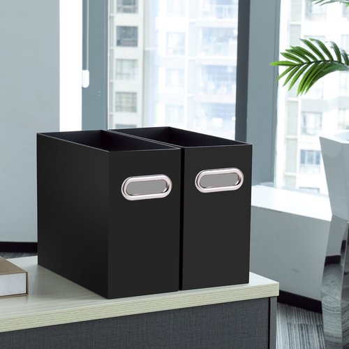 Oterri File Organizer, 2 Packs Small Storage Box, Cardboard File Folder Organizer, Collapsible File Box for Hanging File Folders Letter Size, Portable Filing Organizer with Handle（Black）