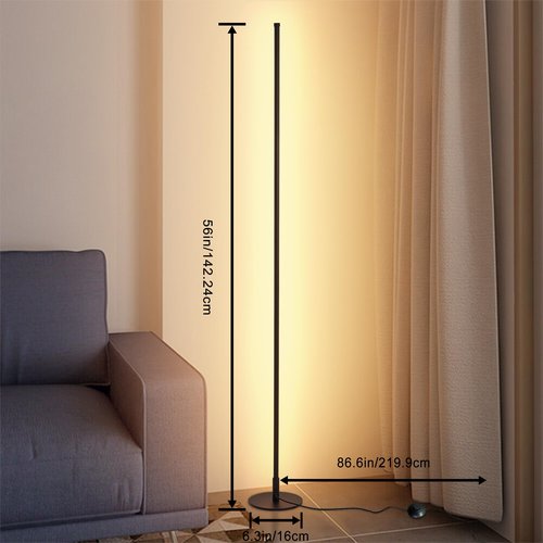 38°GARDEN Modern Floor Lamps for Living Room, 56" LED Black Corner Lights with Remote, Dimmable, Floor Standing Lamp for Bedroom Home Office