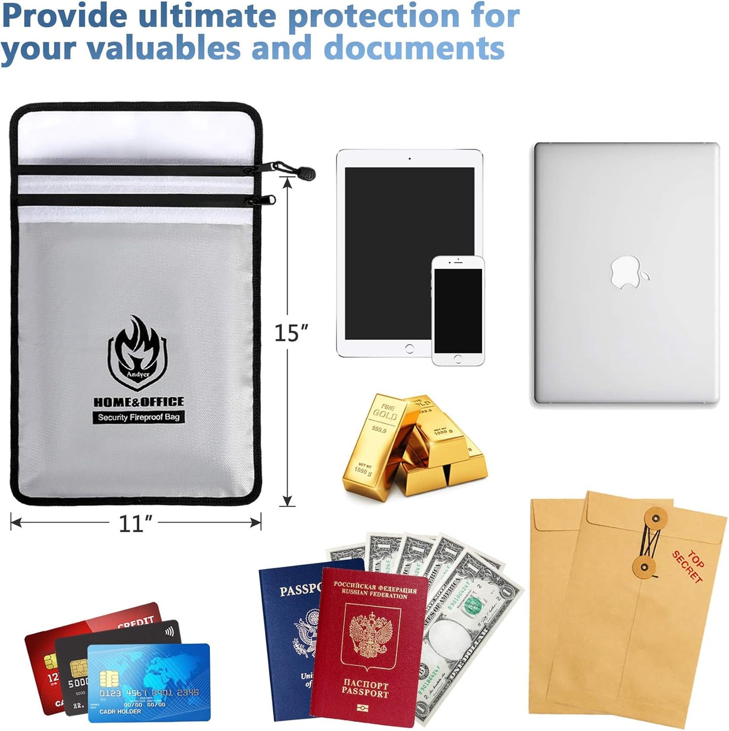 Andyer Fireproof Money Bag - Black & Fireproof Document Bag with 2 Pockets - Grey Bundle