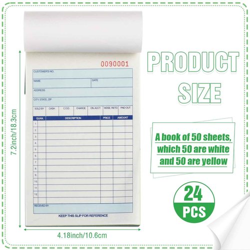 Lincia 24 Pads Sales Order Books 2 Part Carbonless (White/Canary Yellow) Receipt with Carbon Copies Cover Receipt Form Invoice 50 Sets Per Book (4.18 x 7.2 Inch/ 10.6 x 18.3 Cm)