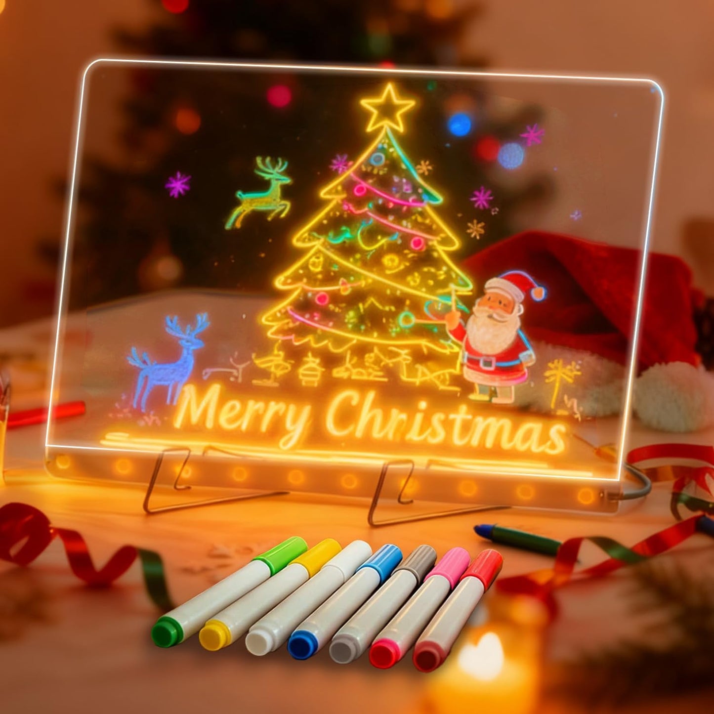 Skiennix LED Note Board - Colorful Acrylic Dry Erase Board with Adjustable Stand & 7 Pens | 11.8 x 7.9 in