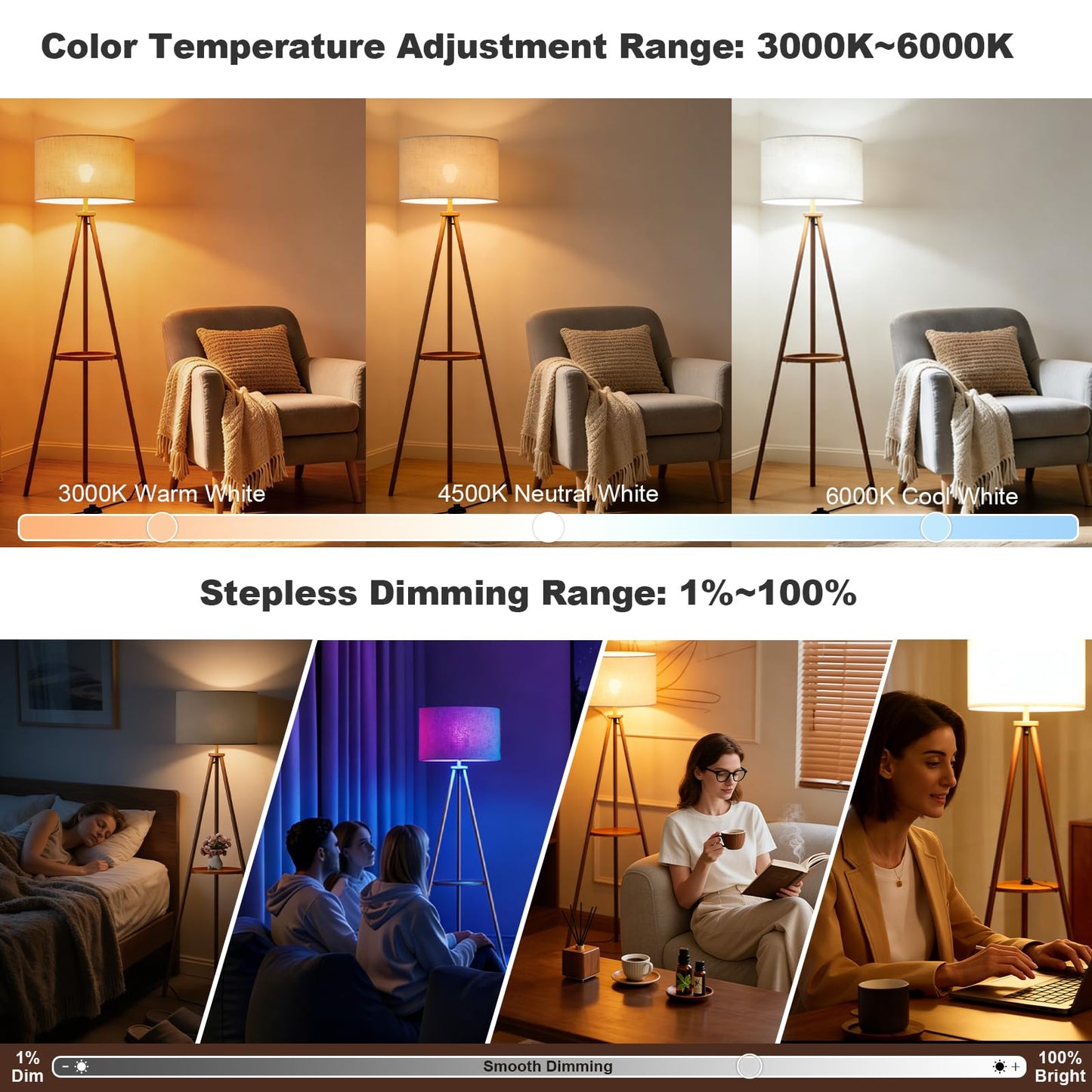 homzuri 58.3" Mid-Century Tripod Floor Lamp with Shelf, Hidden Wiring, RGB Dimmable Bulb Included, Remote & App Control, Iron Corner Standing Lamp with Linen Shade for Living Room Bedroom
