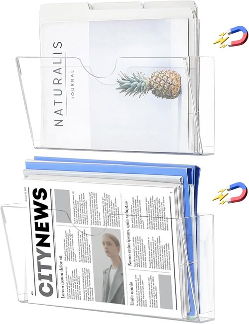 Qozary Clear Acrylic Magnetic File Holder - 2 Pack Magazine Rack for Office & Home Organization