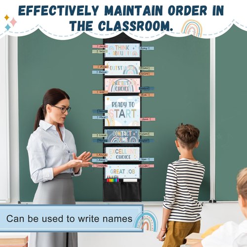 67 Pcs Student Behavior Clip Chart for Classroom Management Blue Boho Track Reward Incentive Behavior Pocket Chart Kids Boho Bulletin Board Hanging Tool for Teacher Office Elementary School Supplies