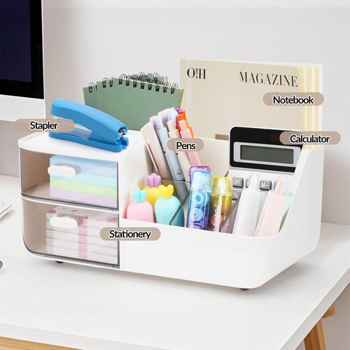 STNRST-IN Desk Organizer with 2 Drawer, Office Organization with 8 Compartments +1 Top Tray, Plastic Pen Holder for Desk, Makeup Storage Box with 3 Pencil Holder for School, Home, Art Supplies