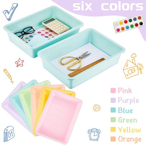 Taiyin 12 Pcs Plastic Flat Storage Tray Classroom Paper Bins Containers School Office Letter Basket Art Book Organization File Holder(Pastel Color)