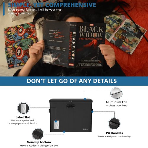 ELOBOON 5200 Fireproof Book Storage for 150-175 Comics, Water-Resistant & Moistureproof Stackable Box With Label Window and Lock, Sturdy Short Case With Fire Zipper, Black
