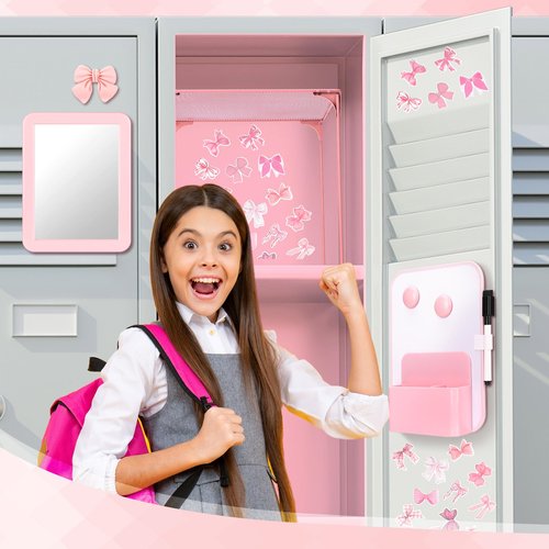 Watersay 115 Pcs Pink Locker Accessories Kit Foldable Locker Shelf Decorations for Girl Pink Bow Pen Holder Magnetic Mirror Coquette Stickers Background Whiteboard Ribbon Back to School Essentials