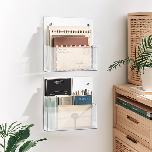 Hanging Wall File Organizer, 2 Pack, Clear Acrylic, Large, Space Saving, Office Wall Mount File Holder with 2 Mounting Options, Mail Holder for Magazine, Mail, Paper, Folders, Document, 12.99x 11.8 In