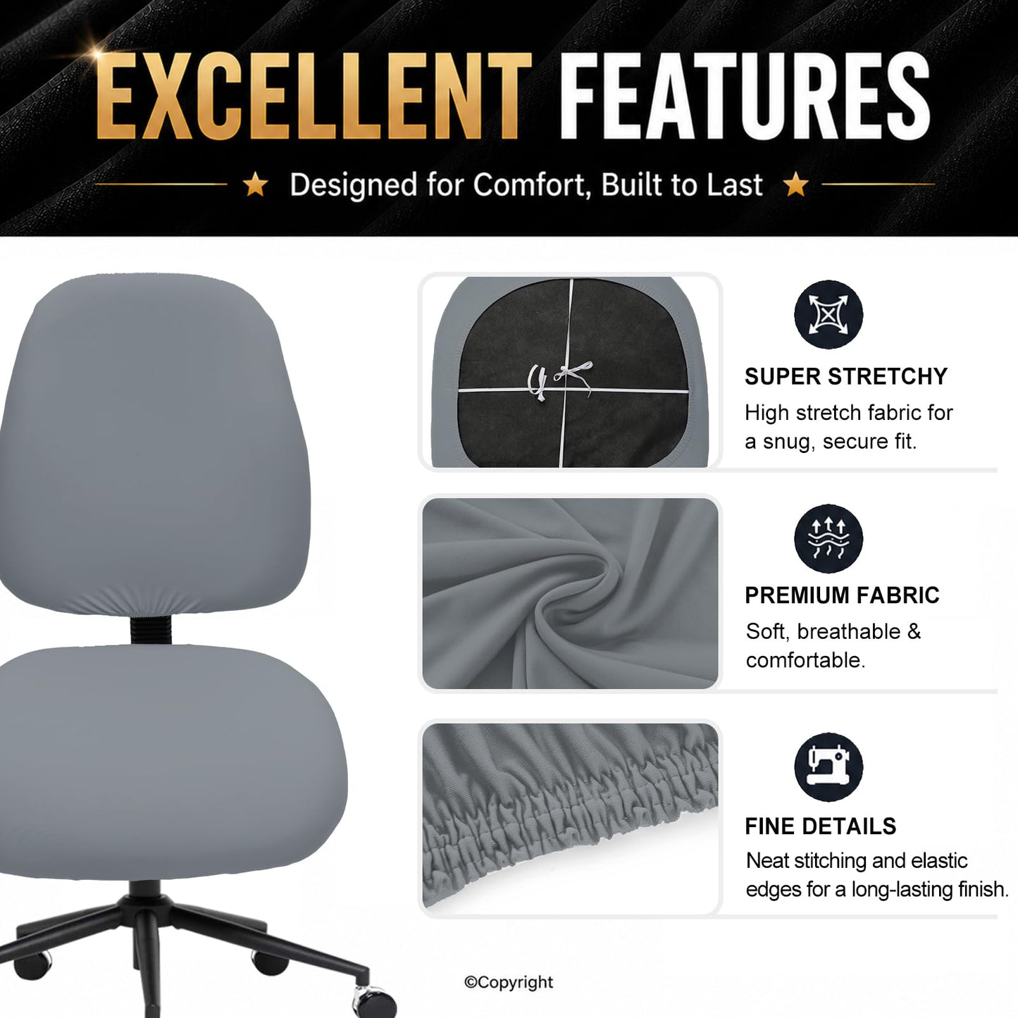 DIVA EN CAMINO DEC Stretchable Desk Office Chair Seat Covers - Universal Stretch Computer Chair Slipcover - Washable Rotating Backrest Coverings & Cushion Protectors for Dogs, Cats, Pets, Mid Gray