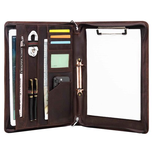 Calfinder Genuine Leather Portfolio Binder with Zipper and Handle, Padfolio for Women&Men, Personalized Gift for Professionals,Business Portfolio Notebook,Resume A4/Pad,Dark Brown