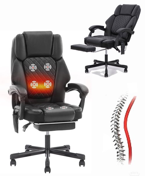 High-Performance Black Massage Office Chair Extendable Footrest + 6-Zone Vibration Heating 400lbs Heavy-Duty Recliner Ergonomic Executive Managerial Chair for Home Office Black