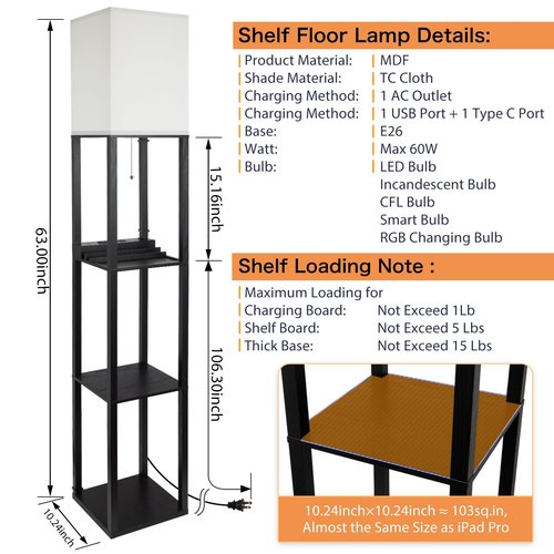 SHINE HAI 3-in-1 Shelf Floor Lamp with 1 USB&Type C&1 AC Outlet, 3-Tiered LED Bedroom Lamp, Shelf & Storage Combination Modern Standing Light