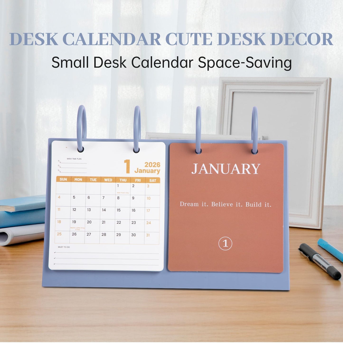 Bibiage 2026 Small Desk Calendar - Mini Flip Standing Desk Calendar with Motivational Quotes, Stable Plastic Base Desktop Calendar, Cute Desk Decor for Home Office School, Pink 10" x 6", Blue