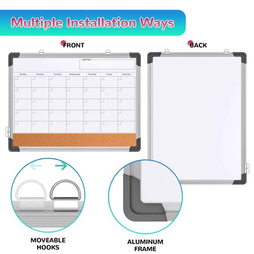 Monthly Calendar Whiteboard Dry Erase Cork Board Combination for Wall, 24"x18" Magnetic Dry Erase Board, Double-Sided White Board, Portable Board for Office, Kitchen, Planning, Memo, School, Home