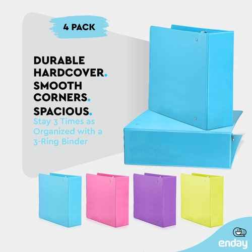 3 Inch Binder 3 Ring Binders, Slant D-Ring 3” Clear View Cover with 2 Inside Pockets, Heavy Duty Colored School Supplies Office and Home Binders Pink, Blue, Purple, Green (4 Pack) – by Enday