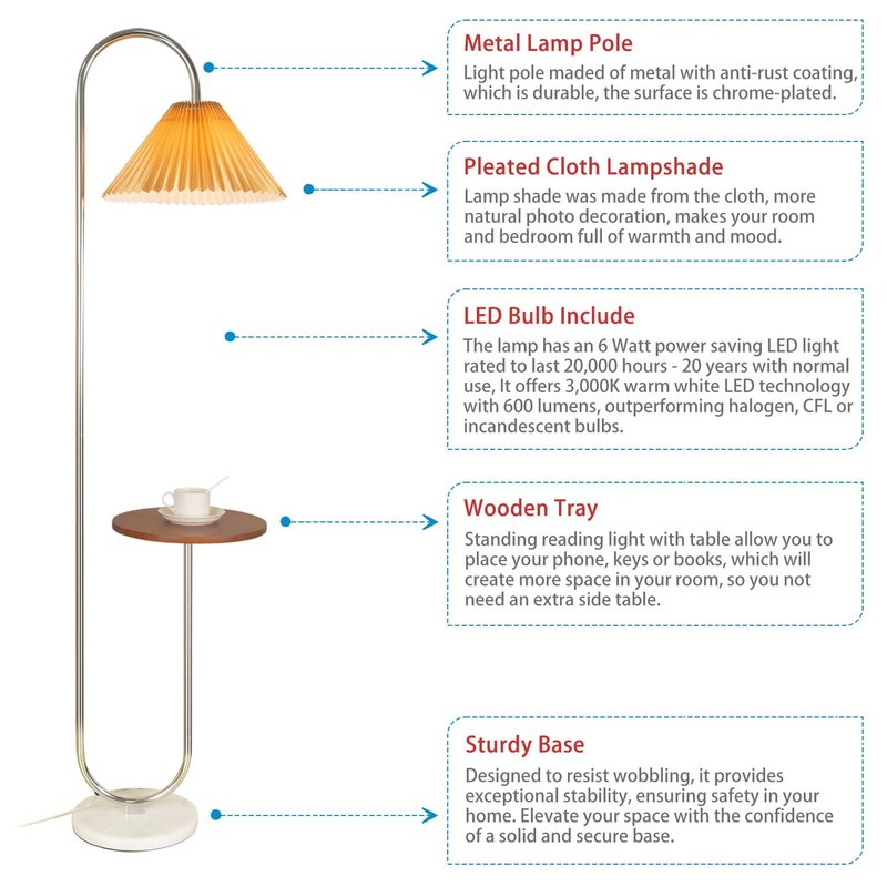 beaysyty Modern Elegant with Tray Floor Lamp for Office Cafe Den Living Room Bedroom, Foot Switch and Chrome Finish, Orange Pleated Cloth Lampshade