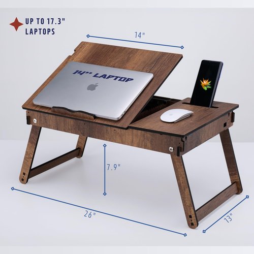 Vigo Wood Laptop Stand for Bed, Adjustable Laptop Lap Desk and Lap Tray with Built-in Storage, Foldable and Ergonomic Design for Reading, Writing, and Working (Walnut)