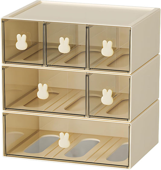 Skiennix Desktop Storage Drawers - Modular Stackable Organizer with 6 Drawers | Cream & Clear Finish