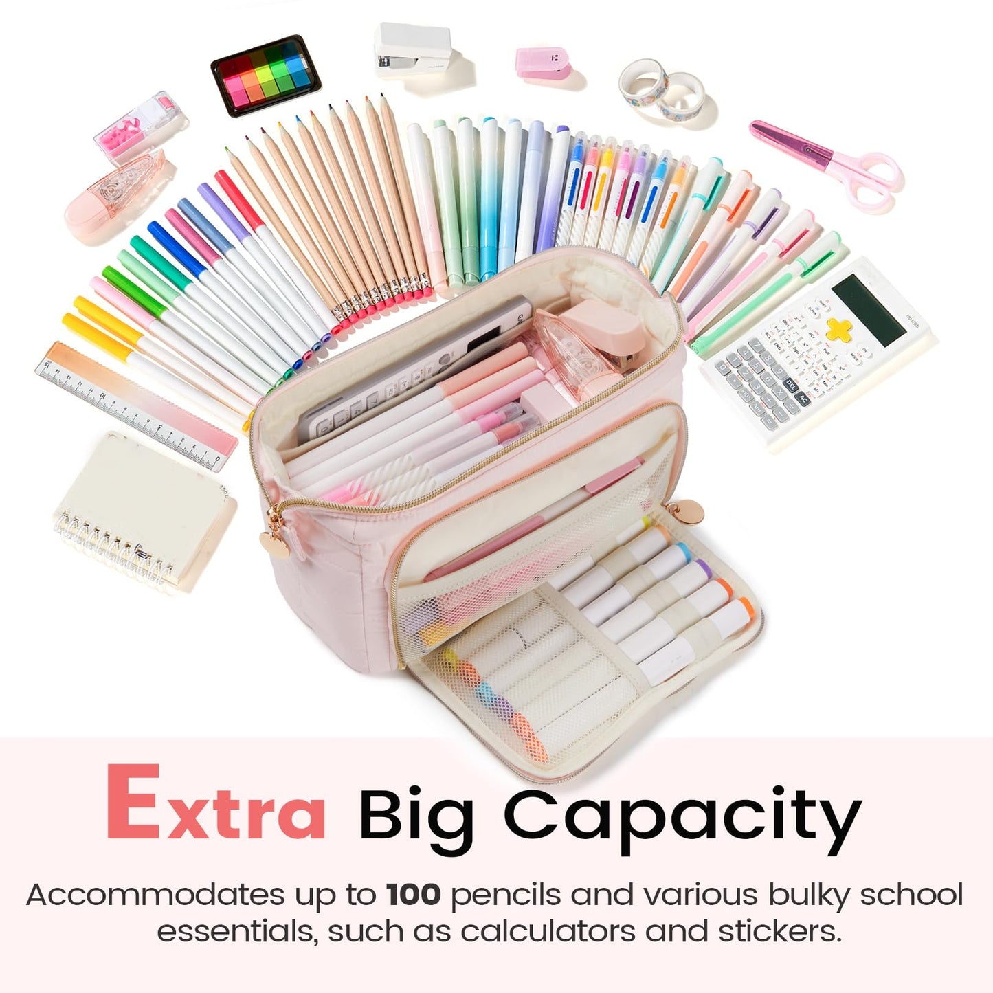 Sooez Large Pencil Case Pouch, Soft Pencil Bag with Zipper, Pen Bag Wide Opening, School Supplies Cute Pencil Case for Girls Boy Men Women, Beige