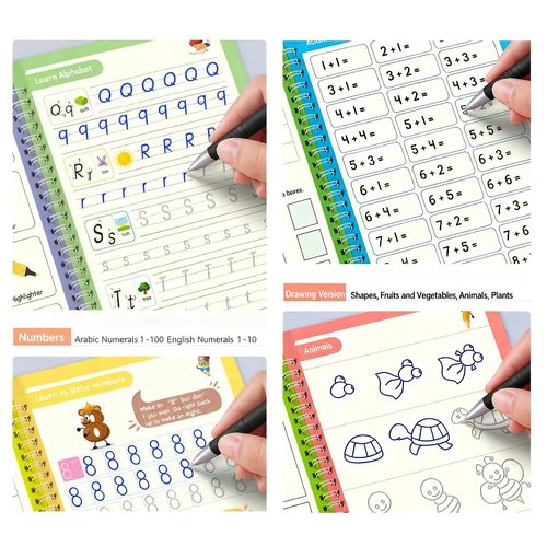 Magic Grooved Writing Practice | Reusable Handwriting Workbooks for Kids 3-8 | Large 10.3" x 7.2" (4 Books + Pens)