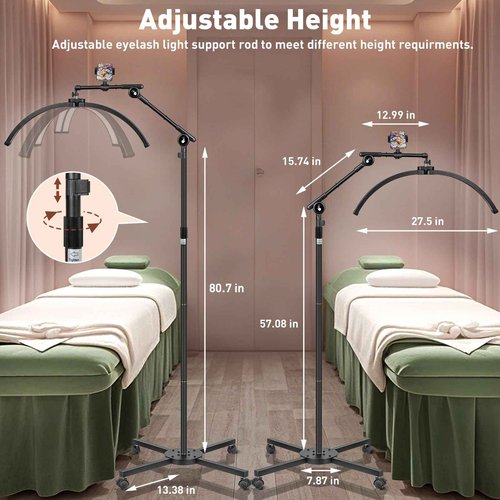 HITTI Half Moon Light for Eyelash Extensions Tattoo Artists, 2025 New Upgrad LED Lash Tech Light with 4 Wheel Rolling Base, Large Floor Eyelash Lamp 5 Color Modes Stepless Dimming & Phone Holder-Balck